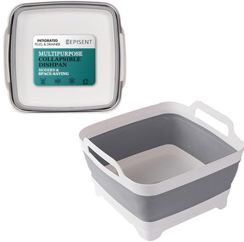 EPISENT 10L Collapsible washing up bowl with Integrated Plug & Drainer – Space-Saving Design for Dishwashing, Food Prep, Camping, Laundry & Storage – Durable, Portable & Easy to Clean