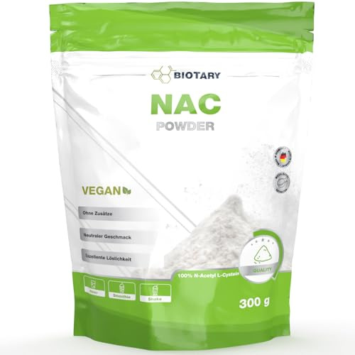BIOTARY NAC poudre 300g N Acétyl L Cystéine avec une cuillère doseuse pour12 mois de réserve avec 800 mg par portion journalière 100% vegan formule pure qualité contrôlée