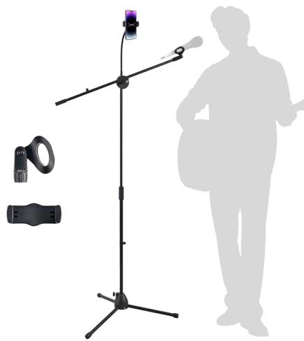 Microphone Floor Stand, Mic Stand Floor with Phone Holder Height Adjustable, Tripod Stable Stand with Boom Arm Dual Device Mount for Streaming, Podcasting, Recording, and Live Performances