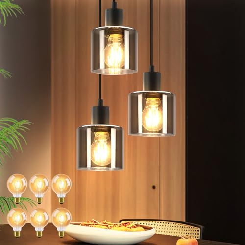 ZMH Pendelleuchte Esstisch Hängelampe 3 Flammig mit 6 x G80 Leuchtmittel | LED Esstischlampe Hängend E27 Hängeleuchte Vintage Esszimmerlampe Schwarz Retro Pendellampe für Küche Esszimmer