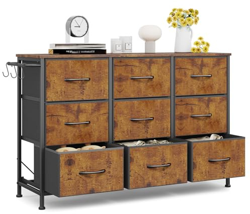 Stoff Kommode Stauraum 9 Schubladen Wohnzimmer 100x30x65cm Rustikal Braun | Leader Accessories Metall platzsparende Stoffkommode aus Textil Schubfächern Stoffschubladen für Kleidung und Spielzeug