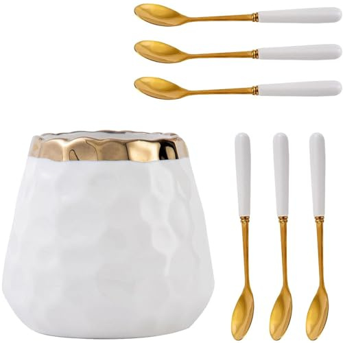 Lot de 7 cuillères à café, pot en céramique avec 6 cuillères, cuillères à dessert avec support, ensemble de cuillères à thé créatives pour café, crème glacée, gâteaux, desserts, fête (pot or blanc + 6