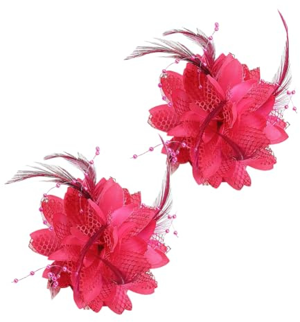 JIHUOO Lot de 2 bibi en forme de fleur et plumes - Grandes pinces à cheveux - Pour cocktail, thé, fête, mariage - Rose vif
