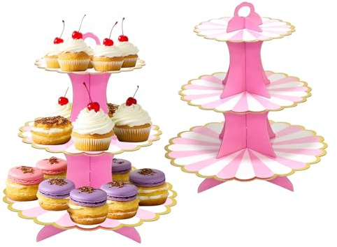 2 Stück 3-Etagen Tortenständer aus Karton, Rosa, für Cupcakes & Party | Einfach aufzubauen, für Desserts, Brötchen & Käse, perfekt für Hochzeiten, Geburtstage und Feierlichkeiten