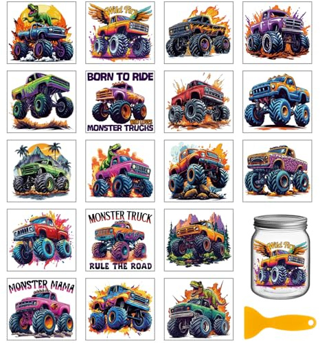 GLOBLELAND 18 fogli di Adesivi per Trasferimento di Monster Truck Da 3.9x3.6 Pollici Dinosauri di Trasporto Adesivi Colorati per Trasferimento per Tazze Vasi Decorazioni Artistiche In Vetro