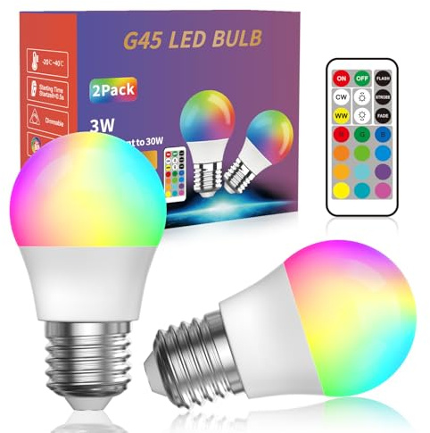 HeatingLux E27 RGB Glühbirne mit Fernbedienung, 3W E27 G45 RGBW LED Lampe Dimmbare, Farbwechsel 12 RGB Farben& Warmweiß & Kaltweiß, E27 Color Birne für Wohnzimmer, Party, Bar, Hochzeit (2 Stück)