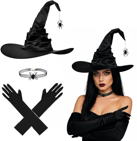 ZoneYan Hexenhut und Lange Handschuhe Set mit Spinnenanhänger Faltbarer Hexen Hut & 45cm Stretchhandschuhe & Halsband | Hexenhut Set Kostümzubehör für Karneval, Halloween, Cosplay
