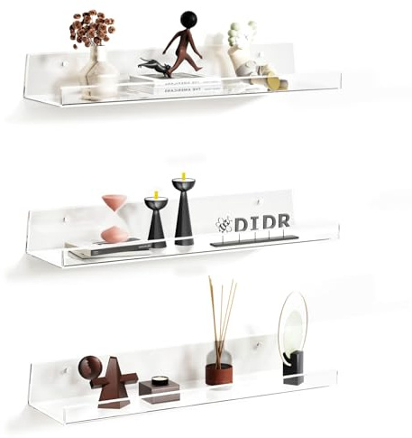 Qaxinmi 3-Pack Clear Acrylic Floating Wall Shelves for Storage, 38 x 10 cm | 5-Min Install, Display and Organize Photos, Books, Figures, and Makeup in Living Rooms, Bathrooms, Bedrooms, and Kitchens