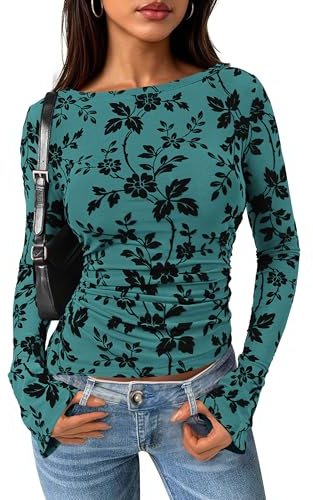 PRETTYGARDEN Women Long Sleeve Floral Mesh Tops Blouse 2026 Fall Trendy Boat Neck Ruched Spring Shirt Going Out Date Outfits (Lake Blue,Medium)