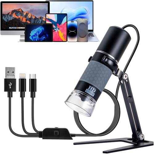Jiusion 1080P USB Digitales Handheld Mikroskop, 50 bis 1000X Vergrößerung Endoskop Full HD 1920x1080P Kamera 8 LEDs mit Metallständer für iPhone iPad Android Mac Windows Linux Chrome