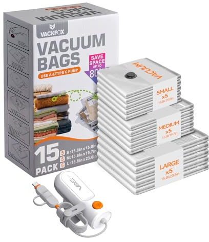 VACKFOX Dammsugarpåsar för resor med USB och typ C-pump, 15-pack handbagage storlek komprimeringsväskor för bagage och resväska, platsbesparande för kläder och kläder resor (grå)