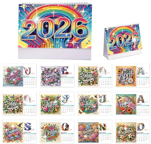 AiYuanzsh 2026 5D Diamond Painting Calendar, DIY Rhinestone Diamond Art Kit Tabletop Ornaments, 12-Month Desk Planner from Jan to Dec, Creative Home Office Desktop Decoration, Craft Gift for Adults