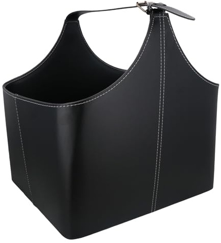 Großer Kaminholz-Aufbewahrungskorb aus schwarzem Leder mit Griff für Holzscheite und Anzündholzbehälter