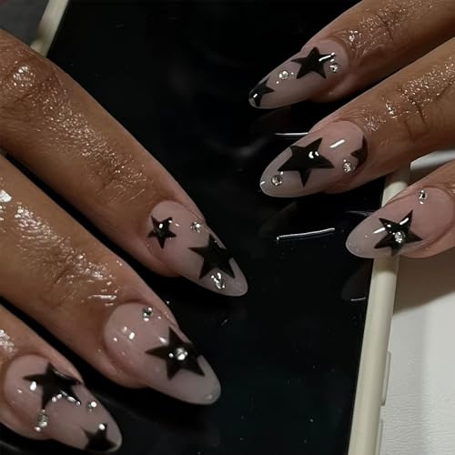 Black Star Glossy Press on Nails - Long Almond Nude Fake Nails with Rhinestones for Women, Includes Accessories for Salon-Style Manicure and Glam Party Looks with Sparkling Accents