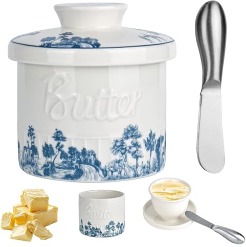 Rzspher Reactive Glaze Butter Crock, Ceramic French Butter Dish with Lid and Knife, Butter Container Holder with a Water Seal, Housewarming Gift, Home & Kitchen Decor Counter