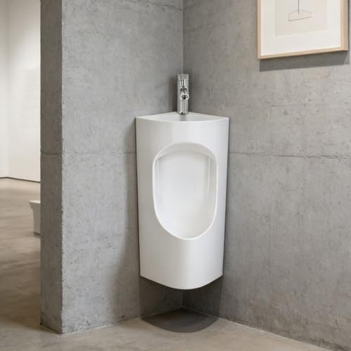 Orinatoio da parete in ceramica da uomo, design angolare, resistente agli spruzzi d'acqua, colore nero/bianco, con lavandino, ideale per garage, hotel, spazi commerciali - Orinatoi per uomo (bianco