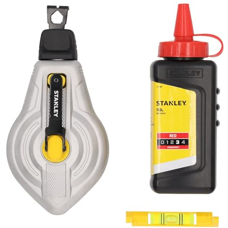 STANLEY FATMAX Kit Cordeau Traceur 30m en Aluminium avec Poudre de traçage Rouge 113g et Niveau à Bulle, STHT47612-0