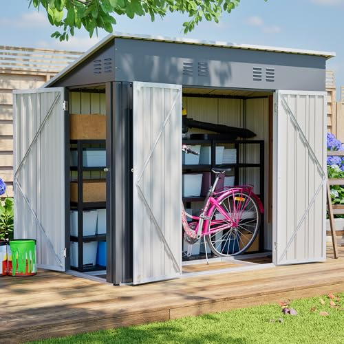 Jaxenor Abri de jardin en métal avec 3 portes pour extérieur, 242 x 120 x 192 cm | Abri de jardin en métal, armoire de jardin étanche, abri à outils, avec base en métal (sans sol), gris