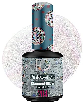 Pink Gellac UV Gel Nagellack - 204 Diamond Silver 15 ml - Lang Anhaltend UV Nagellack Silber- Gel UV für 14 Tage Nägel in Salonqualität - Made in Holland