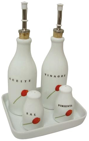 JUEGO ACEITERA VINAGRERA SAL SALERO PIMIENTA PIMENTERO PORCELANA TULIPAN ROJO