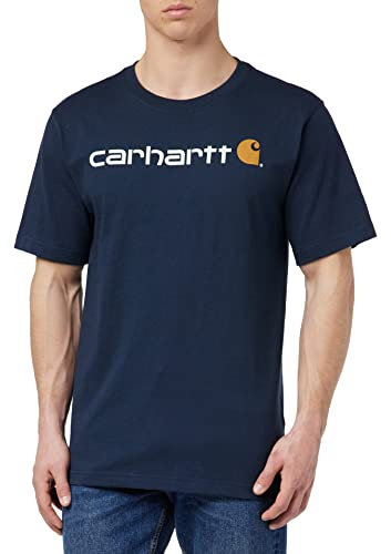 Carhartt Herr Relaxed Fit Heavyweight kortärmad logo grafisk arbets-t-shirt, Marinblå, L