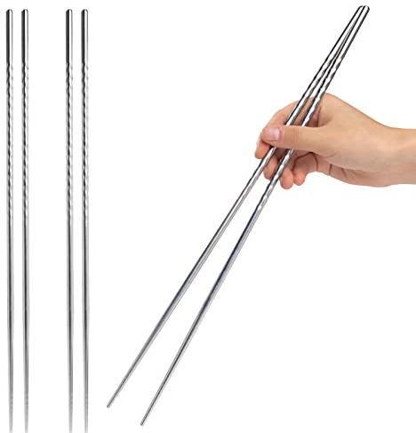 EORTA 3 Pairs Cooking Chopsticks 15.2 Inch Extra Long Stainless Steel Chop Sticks with Non-slip Threaded for Hot Pot, Cooking, Frying, Noodle, Dishwasher Safe, Silvery