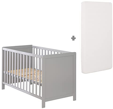 roba 2 in 1 Babybett 60 x 120 cm + Matratze - Gitter- & Beistellbett 6-fach Höhenverstellbar - 5 Schlupfsprossen - Holz grau / taupe