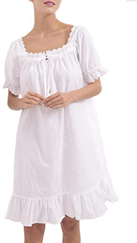 Womens Nightdress 100% Cotton Nightwear Sleepwear Victorian Vintage Nightgown Pajamas Sleep Shirt (White-short, XL)