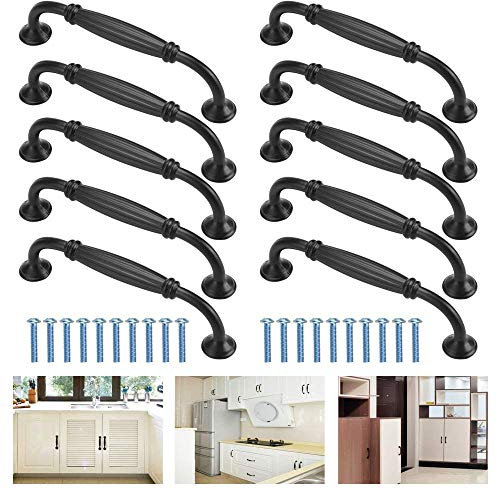 EMAGEREN 10 Stück Schwarz Schrank Türgriff Aluminiumlegierung Möbel Griffen Schrankgriffe Küchengriffe Landhausstil Kleiderschrank Knöpfe Schubladengriffe mit Schrauben (Lochabstand 128 mm)