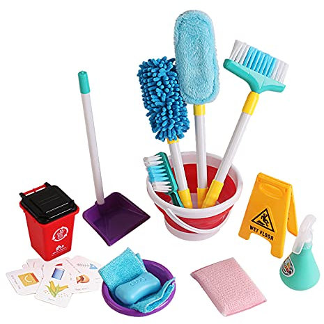deAO Haushaltsreinigungsspielset mit einem Besen, EIN Mülleimer, einen Warnschild und noch viel Zubehör – Einer Großer Spaß für Ihre Kinder