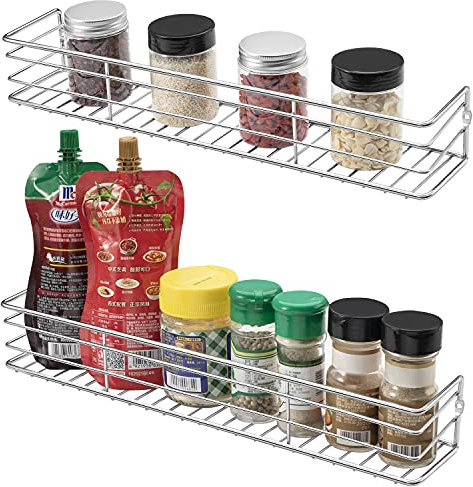 QIWODE 2er Set Gewürzregal aus Metall, Stabiler Hängender Organizer für Gewürze, als Küchenablage, Schrankeinsatz, Badregal, Dekoration, etc. - ca. 40 x 8 x 6 cm