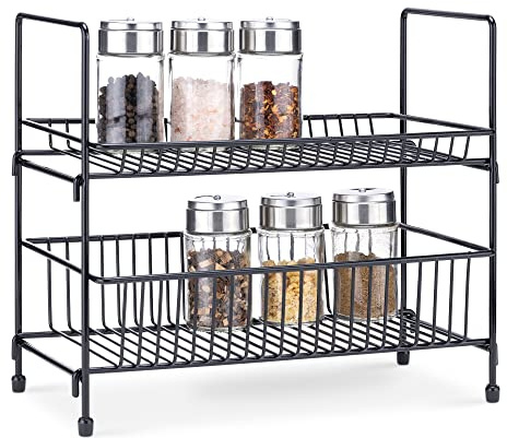 Navaris 2-Tier Spice Rack - Kitchen Countertop Free Standing Organiser for Spices, Herbs, Seasonings - Metal Storage Stand for Ingredients - Black
