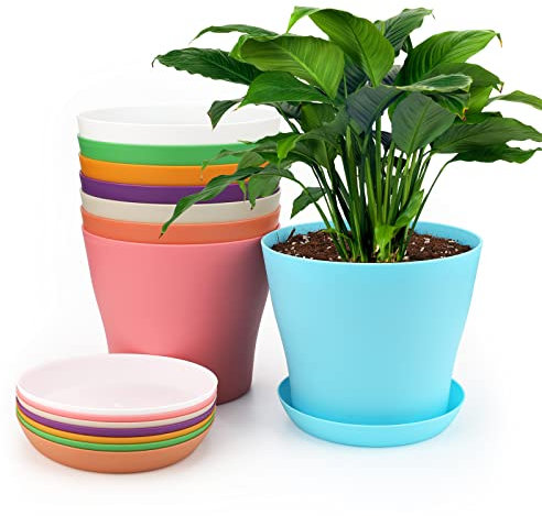KINGLAKE 8 Stück 17cm Blumentöpfe Pflanztöpfe Klein, übertopf Pflanztopf Anzucht Plastik mit Untersetzer, Blumentopf Kunststoff Set, Topf Kleine Flower Pot für Pflanzen Kakteen Sukkulenten-Bunt