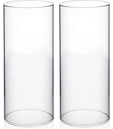 Set mit 2 zylindrischen Kerzenhaltern aus Glas, Kerzenhalter aus Glas ohne Boden, transparenter Kerzenhalter Hurricane für Säule, großes offenes Rohr, Durchmesser 9,5 cm, Höhe 15,2 cm