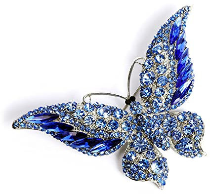 Broche papillon en strass pour femmes et filles - Tendance - Exquise - Grand cristal bleu impératrice monarque - Épinglettes ailées - Accessoires de robe élégants - Cadeau de mariage, de Noël,