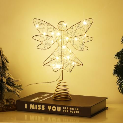 Kssiaz 9,8 Topper per Albero di Natale a Forma di Angelo, Decorazioni Natalizie con 8 modalità di Luce per Natale con Timer Puntale con Base a Molla Telecomandato Alimentato da USB, Oro