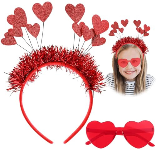NAMIS Herz Stirnband, Herz Haarreif Rot, Pailletten Haarreif Herzen, mit 1 Herz Brille Rot, Amor Kostüm Damen, Stirnband Damen Herzen für Geburtstagshaarzubehör Valentinstag Party Geschenk