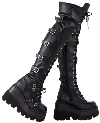 tinetill Botas de plataforma para mujer, de invierno, negro, gótico, punk, por encima de la rodilla, con cremallera y cordones, botas altas hasta la rodilla con tacón de bloque