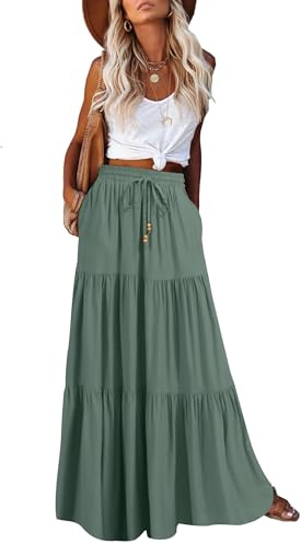HAEOF - Falda larga de playa de cintura alta con estampado bohemio de verano para mujer, estilo A, fluida, con volantes, escalonada, elástica, con bolsillos, Verde, S