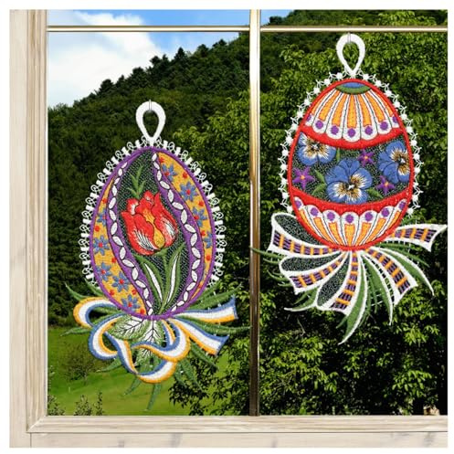 Oster-Fensterbild 2er Set Gestickte Ostereier mit Tulpe und Stiefmütterchen rot-blau aus Vogtländischer Spitze | Große Schleife als Osternest | Farbenfrohe Frühlings-Deko 21x13 cm, inkl. Saughaken