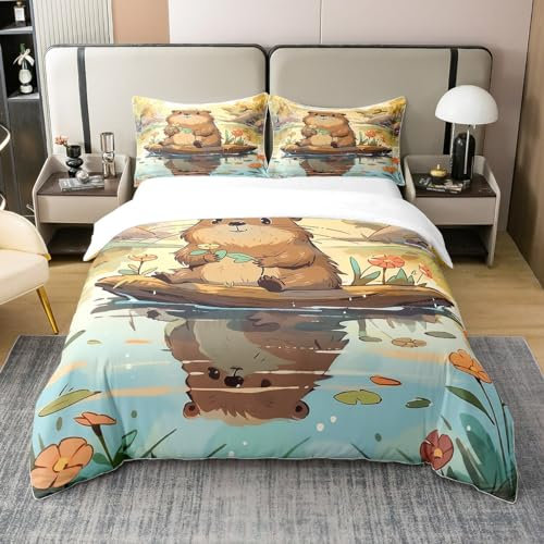 Cartoon Otter 100% Baumwolle Bettbezug für Kinder,Rustikale Capybara Tröster Bezug 155x220,Frühling Floral Leaves Bettwäsche Set,Wald Tier Bettbezug Leicht