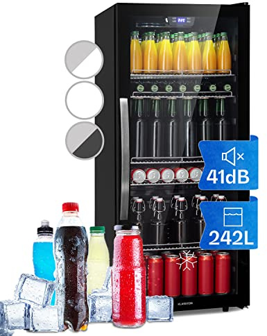 Klarstein Beersafe Getränkekühlschrank 242 L – Kühlschrank mit Glastür, Schwarz | LED-Beleuchtung, herausnehmbare Metallablagen, leise, Flaschenkühlschrank für Getränke & Dosen