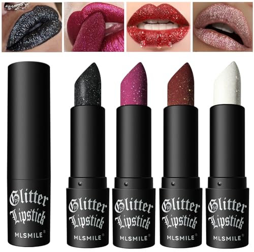 YIBABY 4 Stück Diamant Lippenstift Mit Matt Finish, Pflegend & Langanhaltend Glänzend Metallisc, Schwarz Matte, Vampir Rot für Party, Cosplay, Halloween Make-up