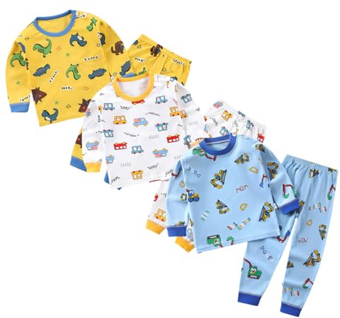 XM-Amigo Pyjamas för pojkar, 3-delat set med dinosaurie, robot, lejon, traktor, tryckt barnpyjamas, långärmad topp, bomull, sovkläder, skjortor och byxor, underdelar, nattkläder, outfit för barn, 3