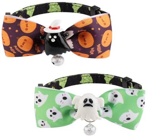 2stk Halloween Haustier Halsband, Süßes Hundehalsband mit Fliege Katzenhalsband mit Glocke Hundehalsband mit Schleife Kätzchenhalsband für Katzen und Hunde(Schwarzer Geist und Weißer Geist)