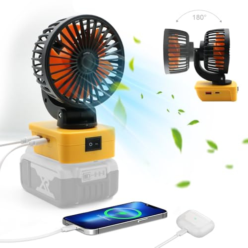Portable Cordless Fan Compatible with DEWALT 20V Battery Powered for Workshop Outdoor, Jobsite Fan with Low Voltage Protection Usb & Type-C, 4 Camping Personal Desk Fans