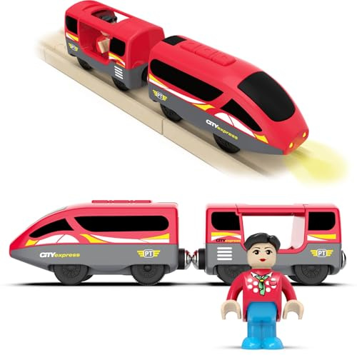 DxxD Eisenbahn Elektrische lok Holzeisenbahn Zug, Batteriebetriebenes Lokomotivzug mit Frontscheinwerfern und Sound, Zugset Kompatibel mit Thomas, Brio, Spielzeuglok für Kinder ab 3 Jahren, Rot