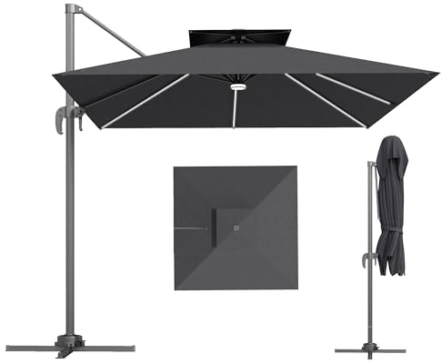 Outsunny 2.5m Cantilever Parasol with Solar Powered LED Lights, Double Top Square Overhanging Garden Parasol with 360° Rotation, Tilt Adjustment, Crank Handle, Dark Grey