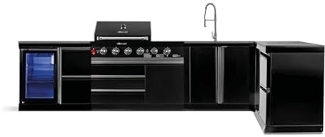 GORILLER® Blackback XL4 - Barbacoa de gas con frigorífico, lavabo, superficie de trabajo extra, espacio de almacenamiento y esquina, acero inoxidable, color negro