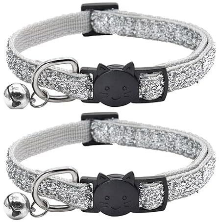 Glitter katt- och kattunge-halsband med klocka och säkerhetsspänne, justerbar design, paket med 2, finns i röd, rosa, blå, silver och guld. Silver